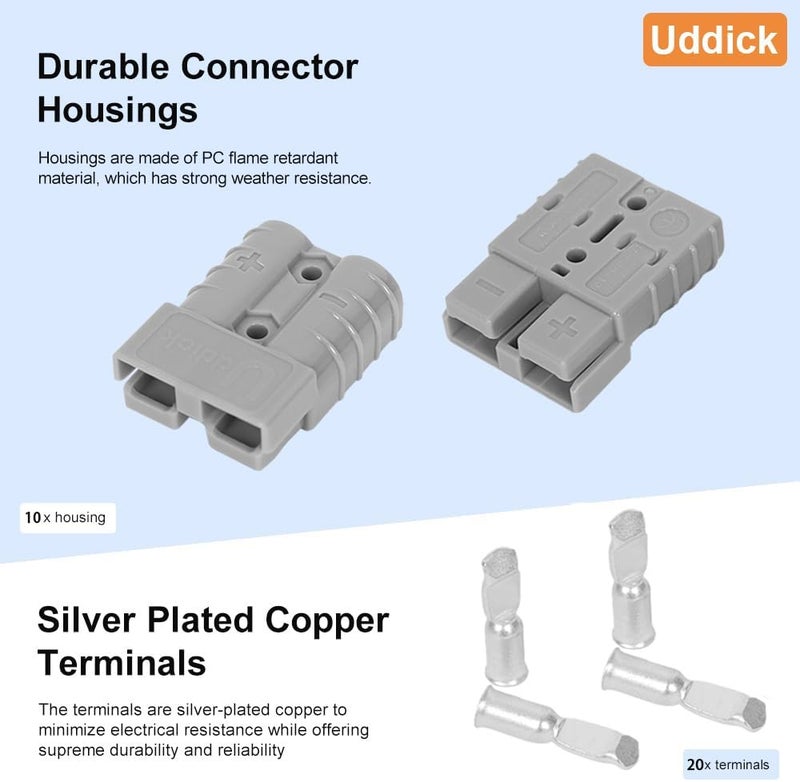Uddick Battery Quick Disconnect Connecteur 600 V 50A, Grey, 10/12 AWG10PC - Image 4
